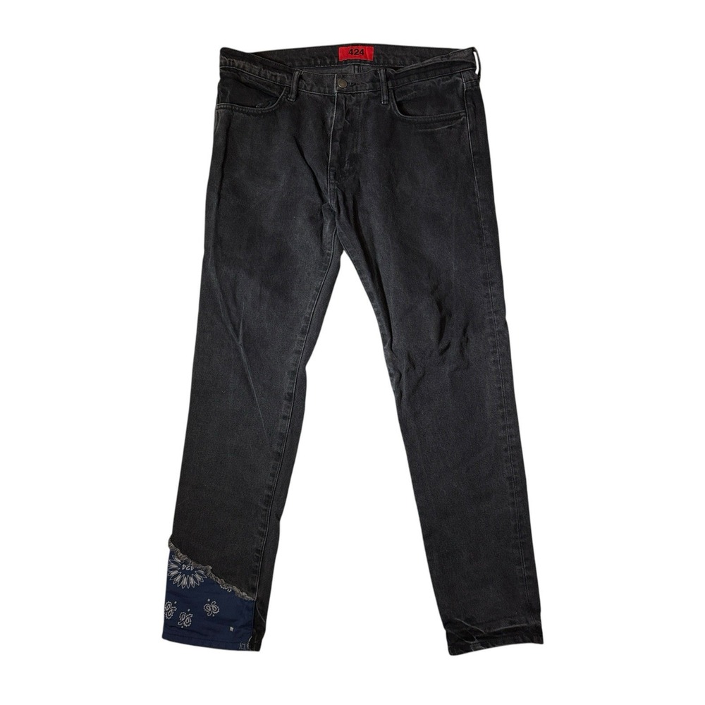 424 On FAIRFAX Black Denim Jeans Paisley Bandana Hems Men's 33 Cotton USA